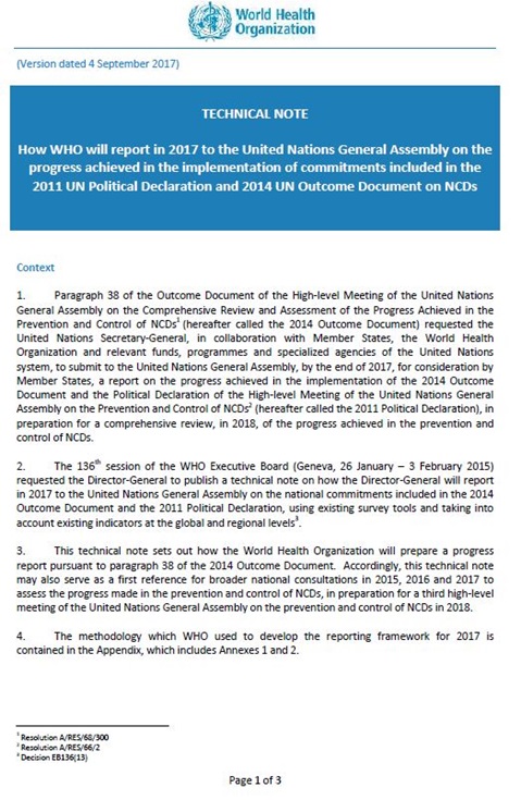 Technical Note: How WHO will report in 2017 to the United Nations General Assembly on the progress achieved in the implementation of commitments included in the 2011 UN Political Declaration and 2014 UN Outcome Document on NCDs