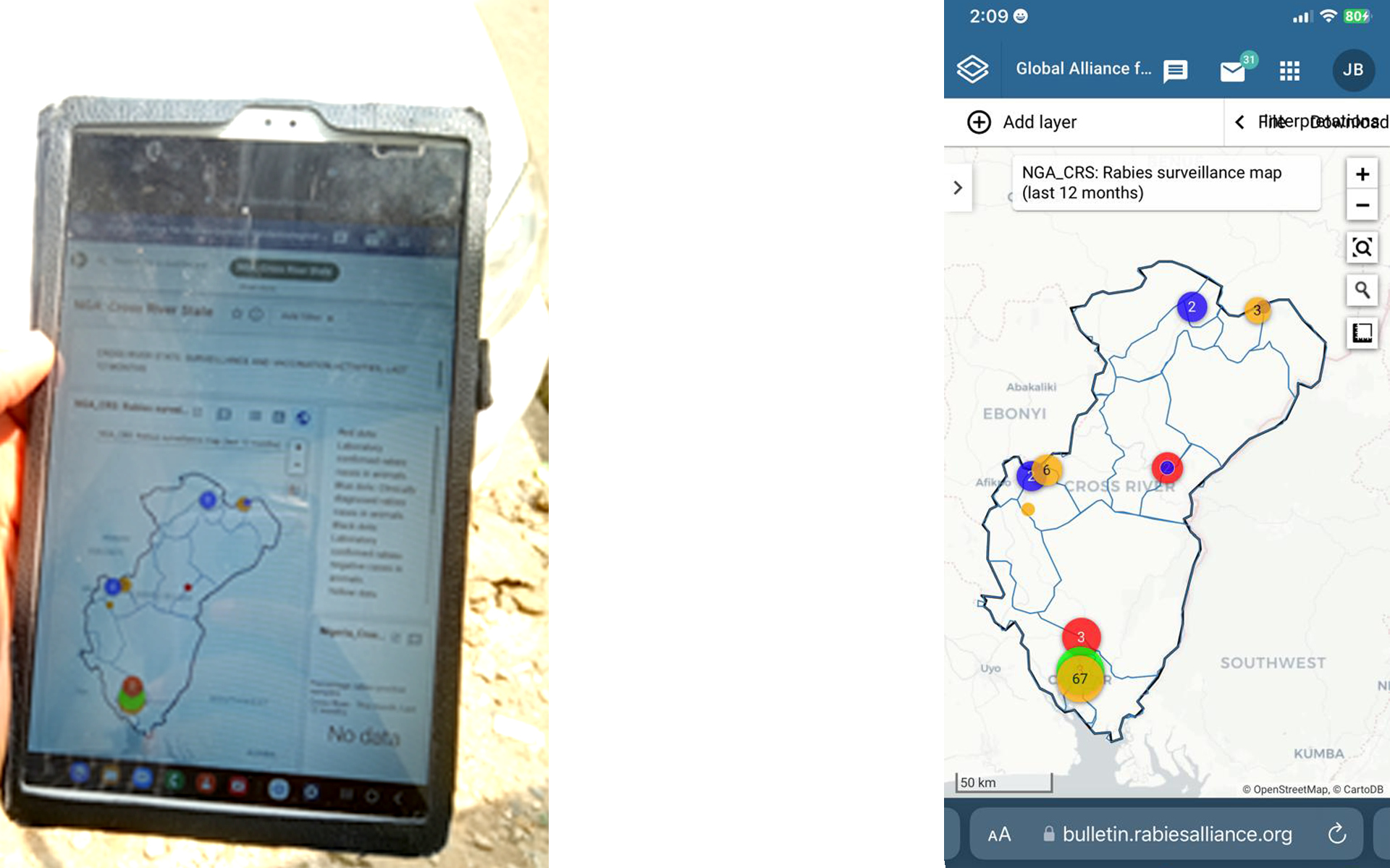 The DHIS2-based rabies surveillance app displaying real time bite and case reports across Cross River State.