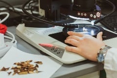 scientist  examining samples through stereo-microscope.